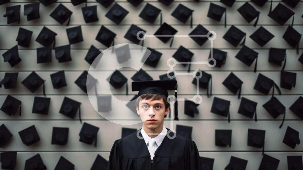 Intra Συλλεκτικό Ξύλινο Παζλ Plywood  4mm - Εικόνα αποφοίτησης με καπέλο και φόρεμα με νεαρό άνδρα μπροστά από το Wall of Caps Σε Ξύλινο Κουτί - Διαστάσεις Puzzle: 10x10 cm – 25 κομμάτια