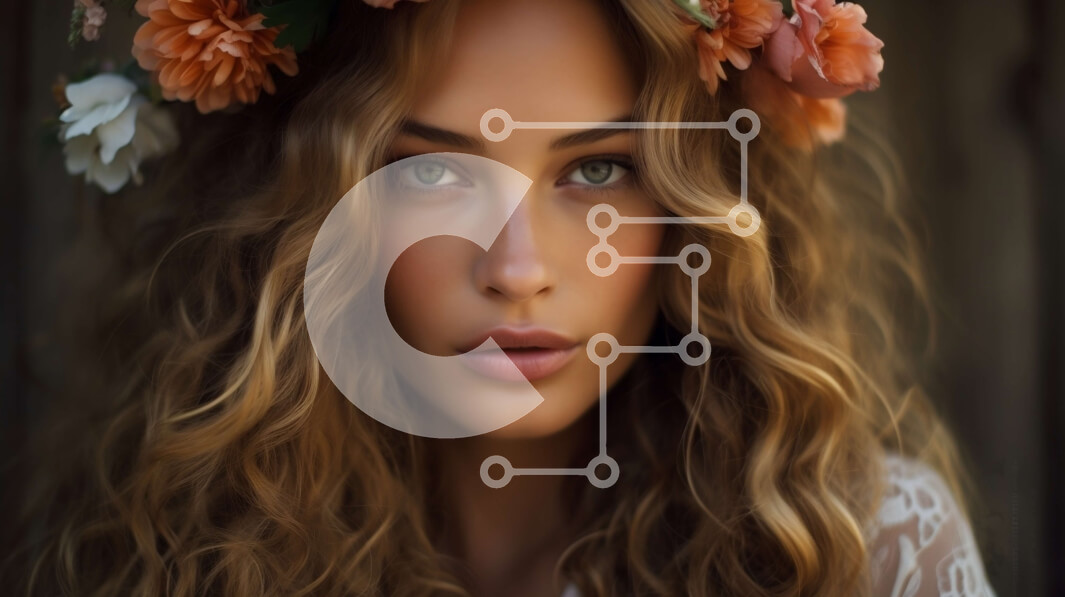 Intra Συλλεκτικό Ξύλινο Παζλ Plywood  4mm - Γαλήνιο πορτρέτο μιας γυναίκας με μακριά κυματιστά ξανθά μαλλιά και φλοράλ κεφαλοκέφαλο Σε Ξύλινο Κουτί - Διαστάσεις Puzzle: 10x10 cm – 25 κομμάτια