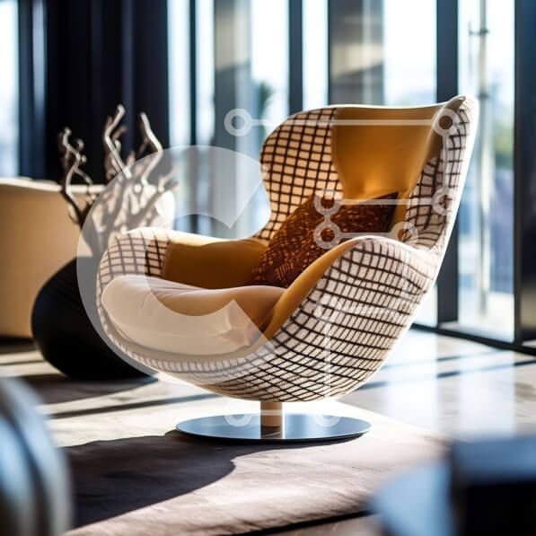 Intra Συλλεκτικό Ξύλινο Παζλ Plywood  4mm - Κομψό και μινιμαλιστικό σαλόνι με κίτρινη πολυθρόνα και θέα στην πόλη Σε Ξύλινο Κουτί - Διαστάσεις Puzzle: 10x10 cm – 25 κομμάτια