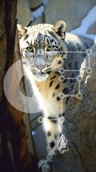 Σετ των 2 Intra Συλλεκτικό Ξύλινο Παζλ Plywood  4mm - Αξιολάτρευτη λεοπάρδαλη του χιονιού που κρυφοκοιτάζει πίσω από έναν βράχο στο χιονισμένο τοπίο Σε Ξύλινο Κουτί - Διαστάσεις: 10x10 cm – 25 κομμάτια