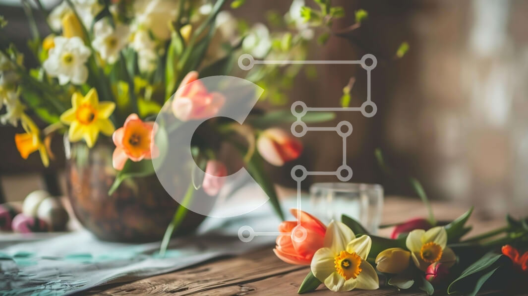 Intra Συλλεκτικό Ξύλινο Παζλ Plywood  4mm - Ανοιξιάτικα λουλούδια και Πασχαλινά αυγά σε ξύλινο τραπέζι Σε Ξύλινο Κουτί - Διαστάσεις Puzzle: 10x10 cm – 25 κομμάτια