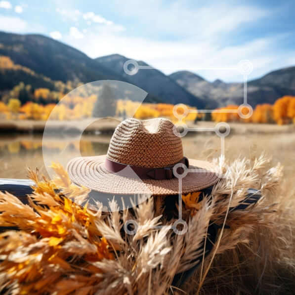 Intra Συλλεκτικό Ξύλινο Παζλ Plywood  4mm - Ψάθινο καπέλο σε χρυσά φύλλα με θέα στο βουνό Σε Ξύλινο Κουτί - Διαστάσεις: 10x10 cm – 25 κομμάτια