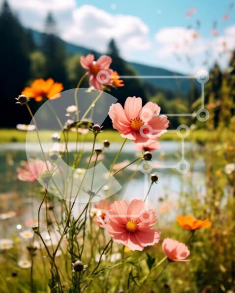 Σετ των 2 Intra Συλλεκτικό Ξύλινο Παζλ Plywood  4mm - Όμορφη εικόνα με αγριολούλουδα δίπλα σε μια ήρεμη λίμνη με θέα στο βουνό Σε Ξύλινο Κουτί - Διαστάσεις: 10x10 cm – 25 κομμάτια