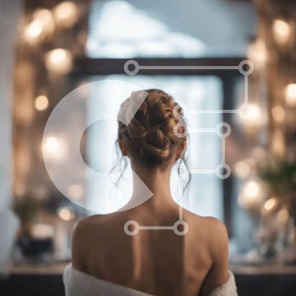 Σετ των 2 Intra Συλλεκτικό Ξύλινο Παζλ Plywood  4mm - Γυναίκα με πλεγμένα μαλλιά μπροστά από τον φωτισμένο καθρέφτη του μπάνιου Σε Ξύλινο Κουτί - Διαστάσεις: 10x10 cm – 25 κομμάτια