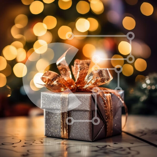 Intra Συλλεκτικό Ξύλινο Παζλ Plywood  4mm - Όμορφο ασημένιο κουτί δώρου με χρυσή κορδέλα σε ξύλινο τραπέζι μπροστά από το χριστουγεννιάτικο δέντρο Σε Ξύλινο Κουτί - Διαστάσεις: 10x10 cm – 25 κομμάτια