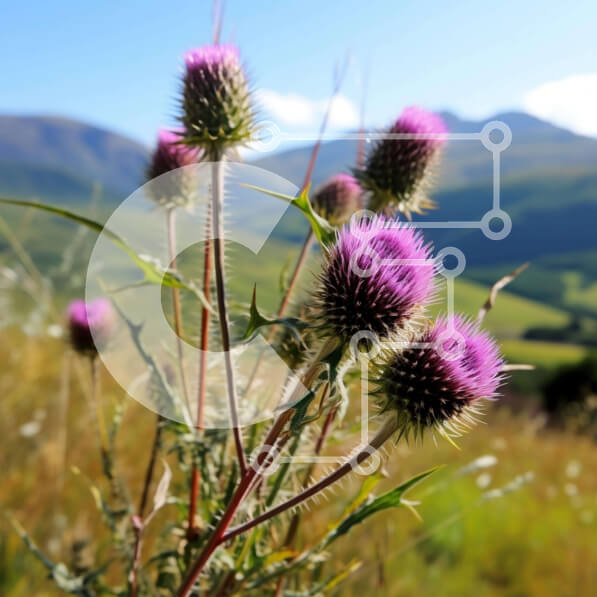 Intra Συλλεκτικό Ξύλινο Παζλ Plywood  4mm - Το μωβ γαϊδουράγκαθο ανθίζει σε ένα χωράφι με βουνά στο φόντο Σε Ξύλινο Κουτί - Διαστάσεις: 10x10 cm – 25 κομμάτια