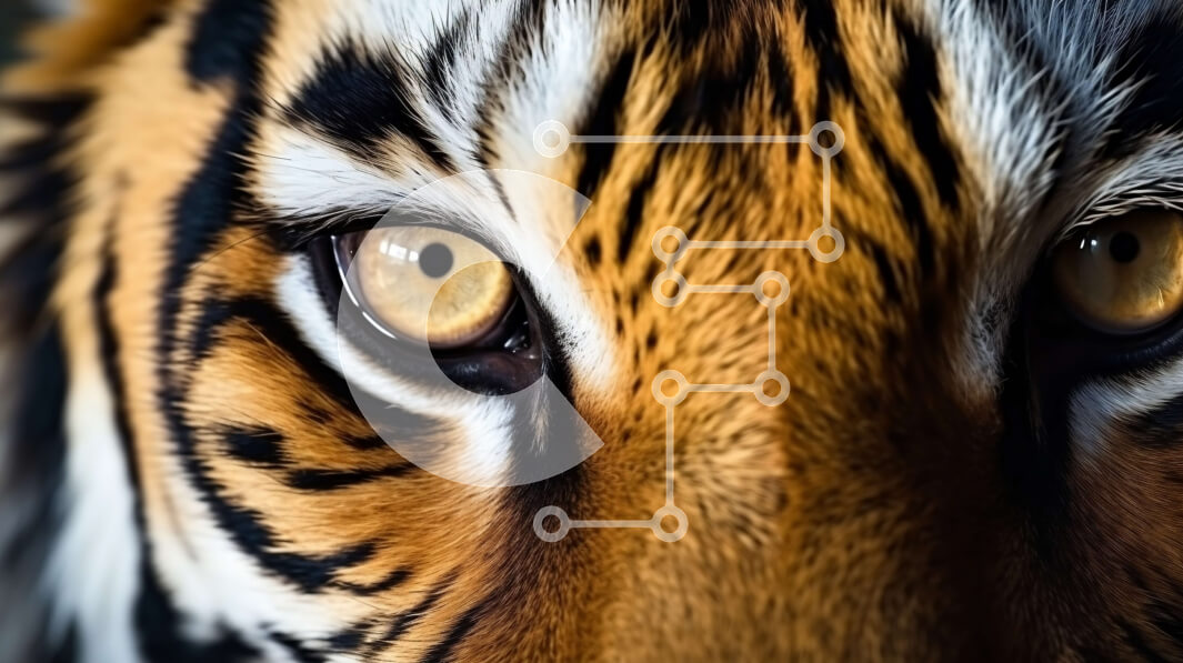 Intra Συλλεκτικό Ξύλινο Παζλ Plywood  4mm - Κοντινό πλάνο του προσώπου της τίγρης με τα φωτεινά κίτρινα μάτια Σε Ξύλινο Κουτί - Διαστάσεις: 10x10 cm – 25 κομμάτια