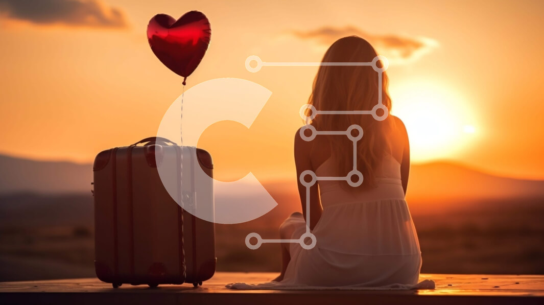 Intra Συλλεκτικό Ξύλινο Παζλ Plywood  4mm - Γυναίκα με βαλίτσα και μπαλόνι σε σχήμα καρδιάς Σε Ξύλινο Κουτί - Διαστάσεις Puzzle: 10x10 cm – 25 κομμάτια