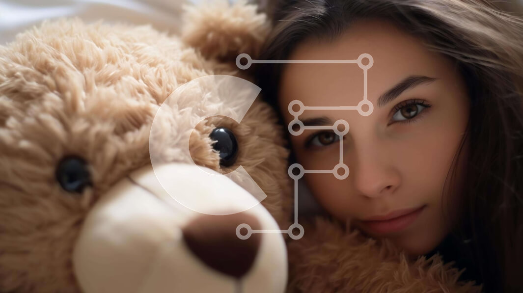 Intra Συλλεκτικό Ξύλινο Παζλ Plywood  4mm - Χαμογελαστή γυναίκα με υπερμεγέθη αρκουδάκι Σε Ξύλινο Κουτί - Διαστάσεις Puzzle: 10x10 cm – 25 κομμάτια