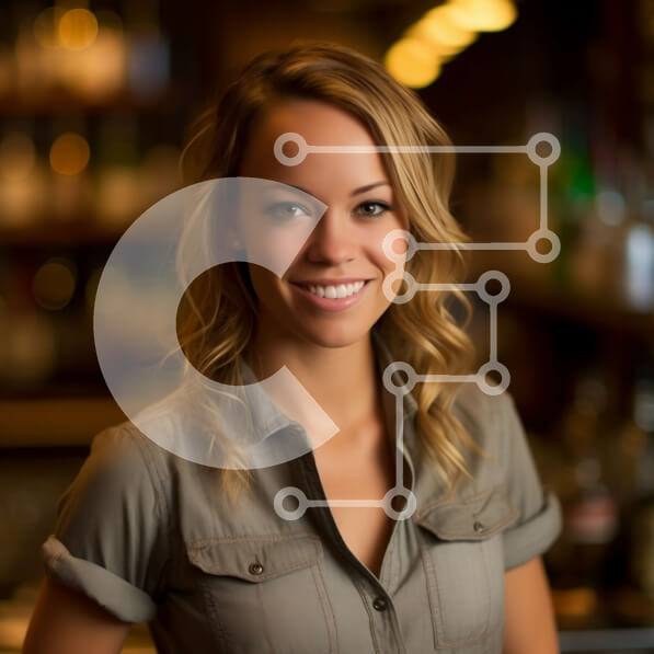 Intra Συλλεκτικό Ξύλινο Παζλ Plywood  4mm - Φιλική γυναίκα πίσω από πάγκο μπαρ με καφέ πουκάμισο Σε Ξύλινο Κουτί - Διαστάσεις Puzzle: 10x10 cm – 25 κομμάτια