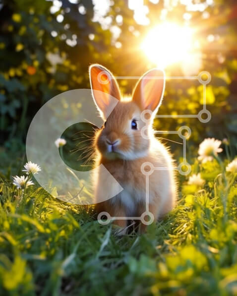 Σετ των 2 Intra Συλλεκτικό Ξύλινο Παζλ Plywood  4mm - Αξιολάτρευτη εικόνα κουνελιού στο χωράφι με πράσινο γρασίδι και λευκά λουλούδια στο ηλιοβασίλεμα Σε Ξύλινο Κουτί - Διαστάσεις: 10x10 cm – 25 κομμάτια