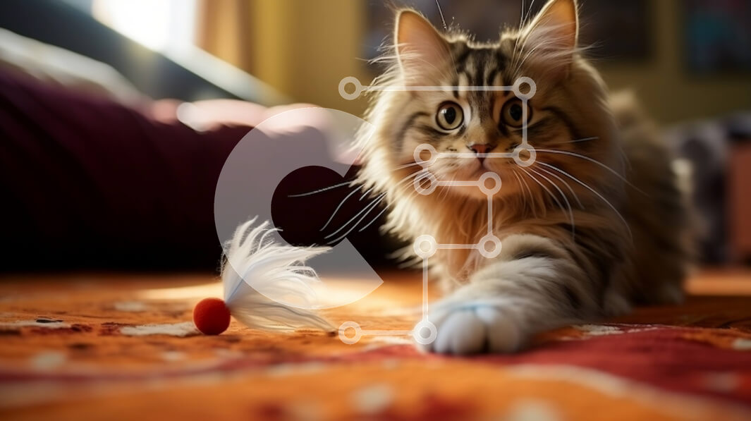 Intra Συλλεκτικό Ξύλινο Παζλ Plywood  4mm - Μακρυμάλλη γάτα που παίζει με μια μικρή λευκή μπάλα σε ένα κόκκινο χαλί Σε Ξύλινο Κουτί - Διαστάσεις: 10x10 cm – 25 κομμάτια