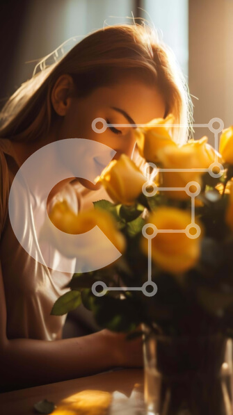 Intra Συλλεκτικό Ξύλινο Παζλ Plywood  4mm - Γυναίκα που μυρίζει κίτρινα τριαντάφυλλα στο τραπέζι Σε Ξύλινο Κουτί - Διαστάσεις Puzzle: 10x10 cm – 25 κομμάτια