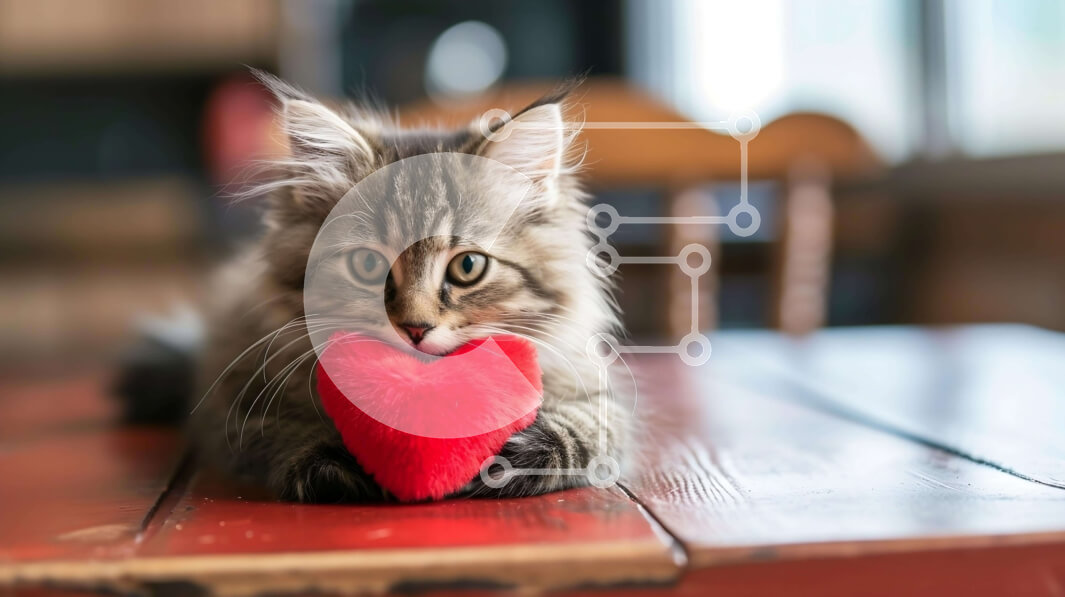 Intra Συλλεκτικό Ξύλινο Παζλ Plywood  4mm - Χαριτωμένη γάτα με λούτρινο ζώο σε σχήμα καρδιάς Σε Ξύλινο Κουτί - Διαστάσεις: 10x10 cm – 25 κομμάτια