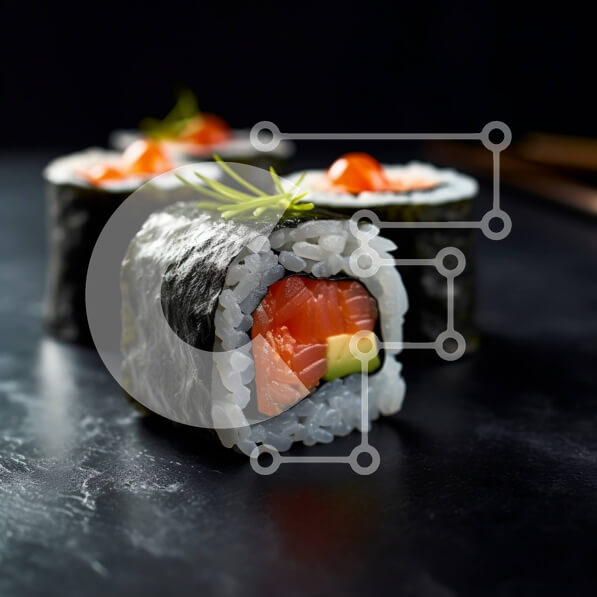 Σετ των 2 Intra Συλλεκτικό Ξύλινο Παζλ Plywood  4mm - Νόστιμα ρολά σούσι με σολομό και αβοκάντο σε σκοτεινό φόντο Σε Ξύλινο Κουτί - Διαστάσεις: 10x10 cm – 25 κομμάτια