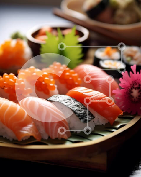 Σετ των 2 Intra Συλλεκτικό Ξύλινο Παζλ Plywood  4mm - Νόστιμη πιατέλα σούσι με φρέσκο ​​ψάρι και ρολά αβοκάντο Σε Ξύλινο Κουτί - Διαστάσεις: 10x10 cm – 25 κομμάτια