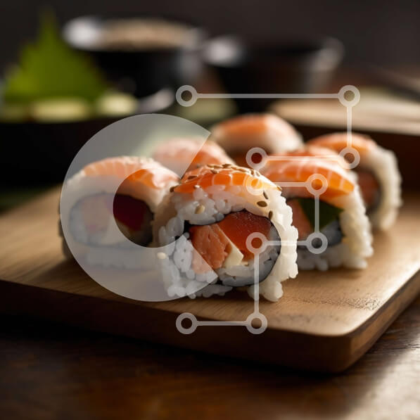 Σετ των 2 Intra Συλλεκτικό Ξύλινο Παζλ Plywood  4mm - Ρολό σούσι με σολομό, αβοκάντο και αγγούρι σε ξύλινη σανίδα κοπής Σε Ξύλινο Κουτί - Διαστάσεις: 10x10 cm – 25 κομμάτια