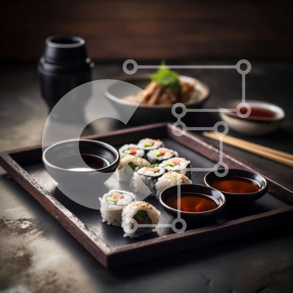 Σετ των 2 Intra Συλλεκτικό Ξύλινο Παζλ Plywood  4mm - Νόστιμη εικόνα από διάφορα ρολά σούσι με σάλτσα σόγιας και ξυλάκια Σε Ξύλινο Κουτί - Διαστάσεις: 10x10 cm – 25 κομμάτια