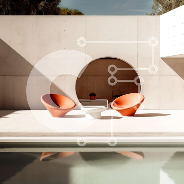 Intra Συλλεκτικό Ξύλινο Παζλ Plywood  4mm - Χαλαρώστε δίπλα στη μοντέρνα πισίνα με πορτοκαλί ξαπλώστρα και στρογγυλό τραπέζι Σε Ξύλινο Κουτί - Διαστάσεις Puzzle: 10x10 cm – 25 κομμάτια