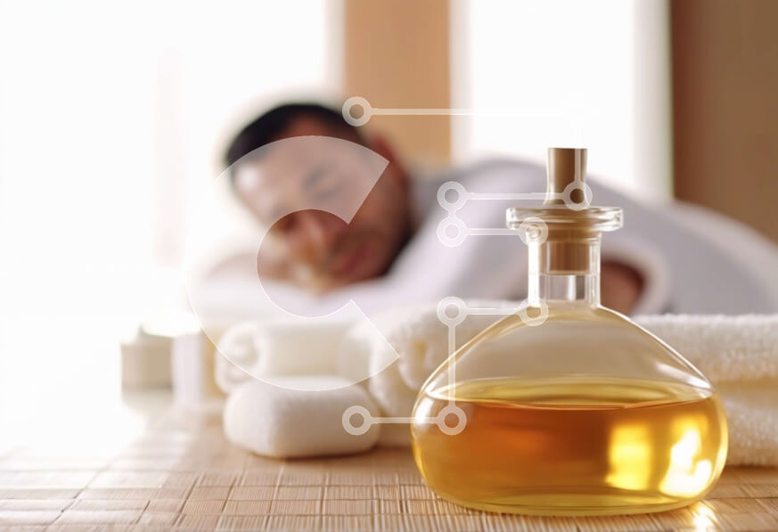 Intra Συλλεκτικό Ξύλινο Παζλ Plywood  4mm - Άνδρας ξαπλωμένος σε τραπέζι μασάζ με μπουκάλι λαδιού Σε Ξύλινο Κουτί - Διαστάσεις Puzzle: 10x10 cm – 25 κομμάτια