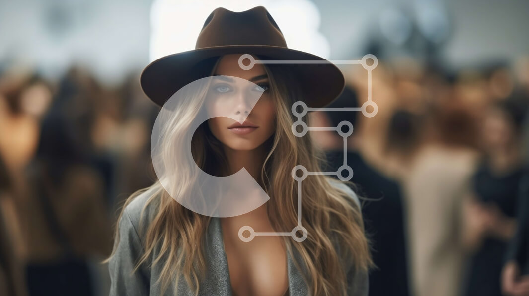 Intra Συλλεκτικό Ξύλινο Παζλ Plywood  4mm - Πορτρέτο νεαρής γυναίκας με καφέ καπέλο και γκρι σακάκι σε έναν πολυσύχναστο δρόμο Σε Ξύλινο Κουτί - Διαστάσεις Puzzle: 10x10 cm – 25 κομμάτια