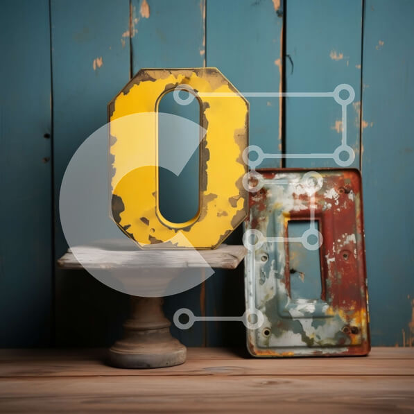 Intra Συλλεκτικό Ξύλινο Παζλ Plywood  4mm - Vintage σκουριασμένη μεταλλική πινακίδα με κίτρινο γράμμα "O" Σε Ξύλινο Κουτί - Διαστάσεις Puzzle: 10x10 cm – 25 κομμάτια