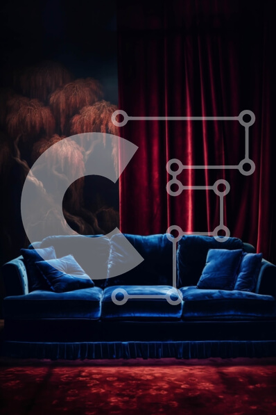 Intra Συλλεκτικό Ξύλινο Παζλ Plywood  4mm - Κομψός μπλε βελούδινος καναπές &amp; κόκκινη κουρτίνα εσωτερικού χώρου Σε Ξύλινο Κουτί - Διαστάσεις Puzzle: 10x10 cm – 25 κομμάτια