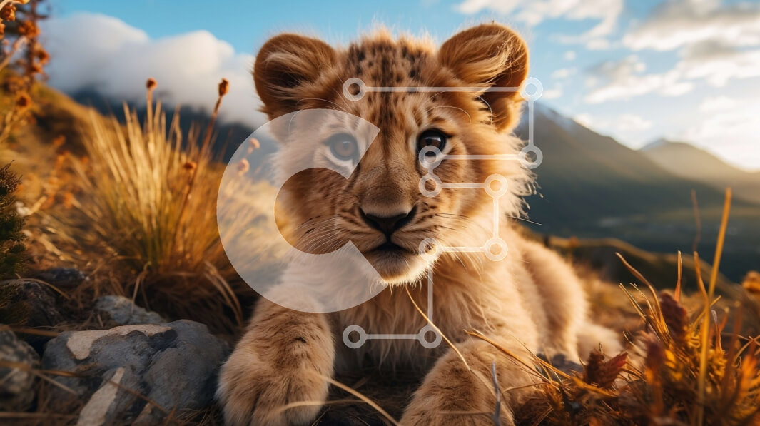 Intra Συλλεκτικό Ξύλινο Παζλ Plywood  4mm - Χαριτωμένο λιοντάρι σε βραχώδες έδαφος με βουνά στο φόντο Σε Ξύλινο Κουτί - Διαστάσεις: 10x10 cm – 25 κομμάτια