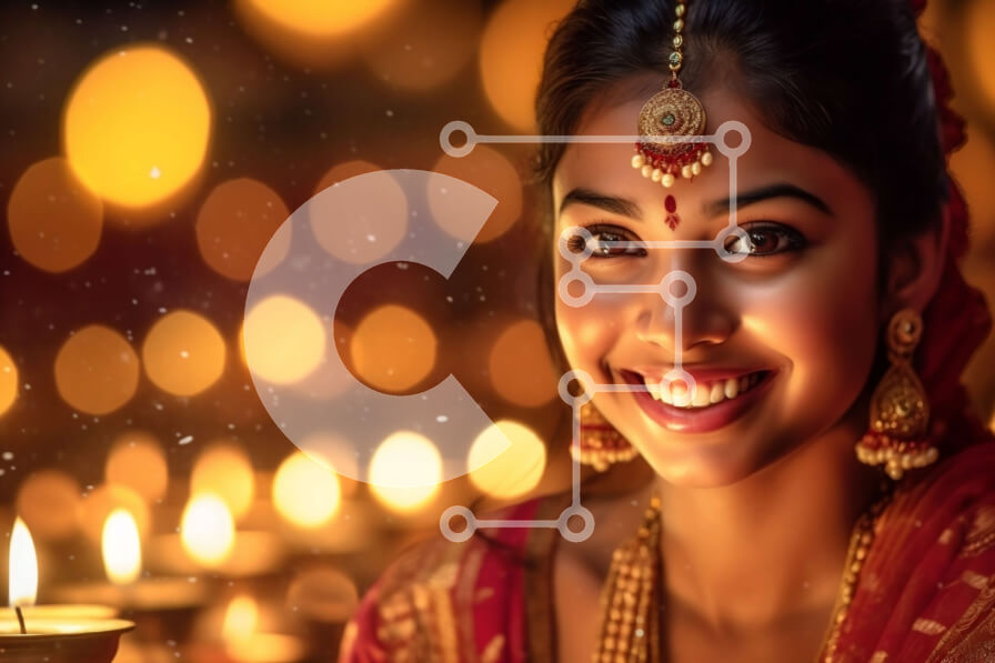 Intra Συλλεκτικό Ξύλινο Παζλ Plywood  4mm - Όμορφη εικόνα Ινδιάνας με παραδοσιακή ενδυμασία που κρατά ένα αναμμένο κερί Σε Ξύλινο Κουτί - Διαστάσεις Puzzle: 10x10 cm – 25 κομμάτια