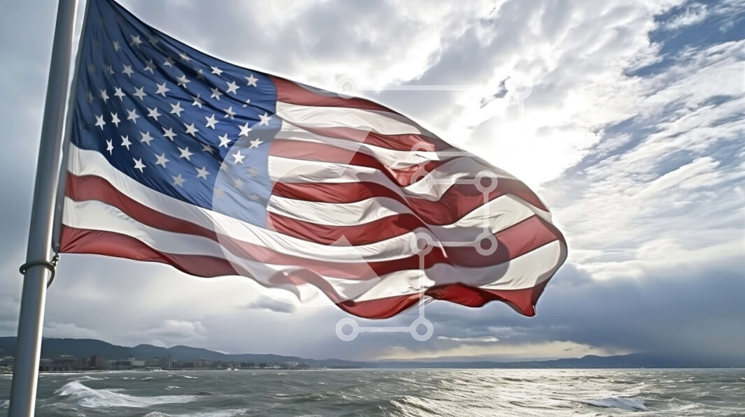 Intra Συλλεκτικό Ξύλινο Παζλ Plywood  4mm - Όμορφη εικόνα της αμερικανικής σημαίας που κυματίζει στον άνεμο δίπλα στον ωκεανό Σε Ξύλινο Κουτί - Διαστάσεις: 10x10 cm – 25 κομμάτια