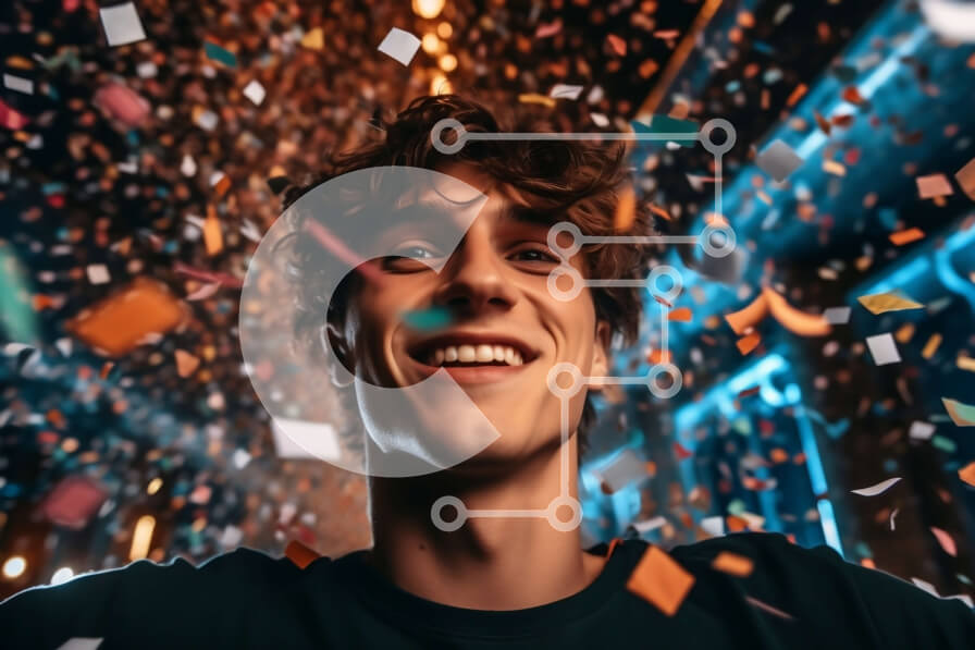 Intra Συλλεκτικό Ξύλινο Παζλ Plywood  4mm - Πορτρέτο ενός χαρούμενου νεαρού άνδρα με σγουρά μαλλιά μπροστά από κομφετί Σε Ξύλινο Κουτί - Διαστάσεις Puzzle: 10x10 cm – 25 κομμάτια