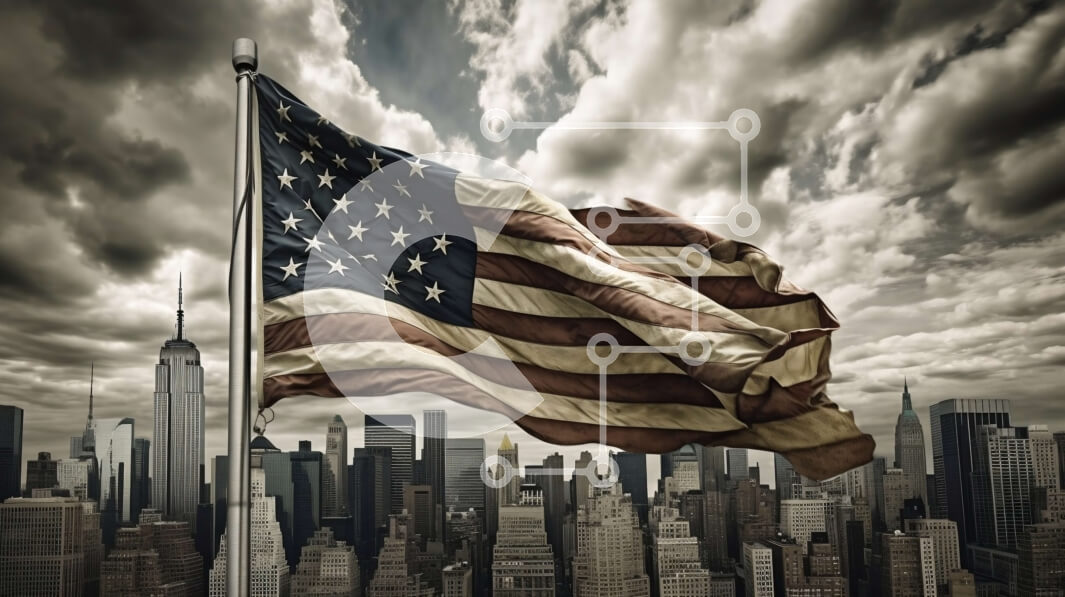 Intra Συλλεκτικό Ξύλινο Παζλ Plywood  4mm - Πατριωτική αμερικανική σημαία που κυματίζει μπροστά από έναν θυελλώδη ορίζοντα της πόλης Σε Ξύλινο Κουτί - Διαστάσεις Puzzle: 10x10 cm – 25 κομμάτια