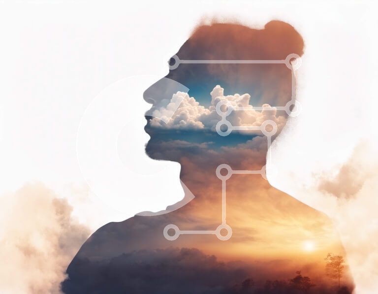 Intra Συλλεκτικό Ξύλινο Παζλ Plywood  4mm - Σιλουέτα κεφαλιού ενάντια στον συννεφιασμένο ουρανό Σε Ξύλινο Κουτί - Διαστάσεις Puzzle: 10x10 cm – 25 κομμάτια