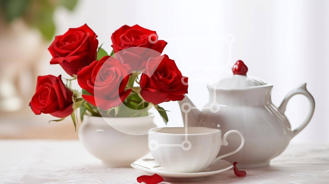 Σετ των 2 Intra Συλλεκτικό Ξύλινο Παζλ Plywood  4mm - Λευκή τσαγιέρα, φλιτζάνι και κόκκινα τριαντάφυλλα στο τραπέζι Σε Ξύλινο Κουτί - Διαστάσεις: 10x10 cm – 25 κομμάτια