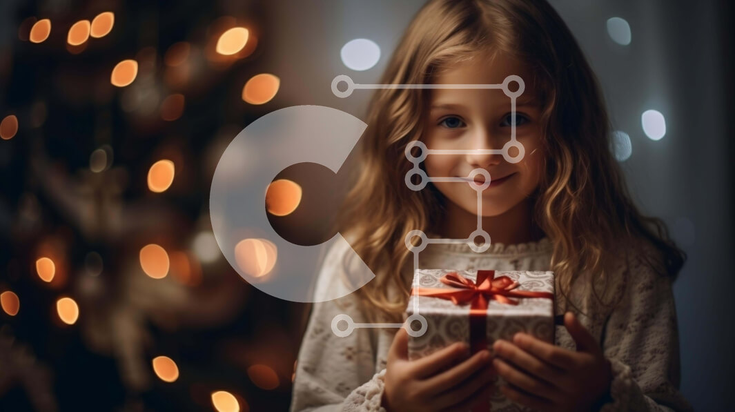 Intra Συλλεκτικό Ξύλινο Παζλ Plywood  4mm - Νεαρό κορίτσι που κρατά ένα κουτί δώρου μπροστά από το χριστουγεννιάτικο δέντρο Σε Ξύλινο Κουτί - Διαστάσεις: 10x10 cm – 25 κομμάτια