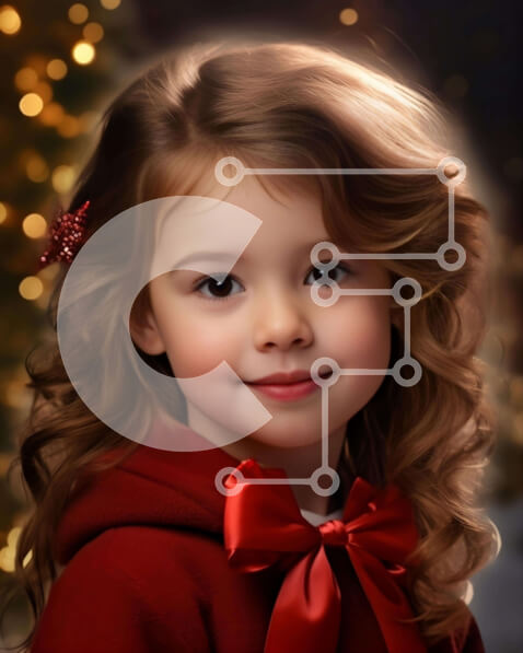 Intra Συλλεκτικό Ξύλινο Παζλ Plywood  4mm - Νεαρό κορίτσι με σγουρά μαλλιά και κόκκινο πουλόβερ μπροστά από ένα φωτισμένο χριστουγεννιάτικο δέντρο Σε Ξύλινο Κουτί - Διαστάσεις: 10x10 cm – 25 κομμάτια