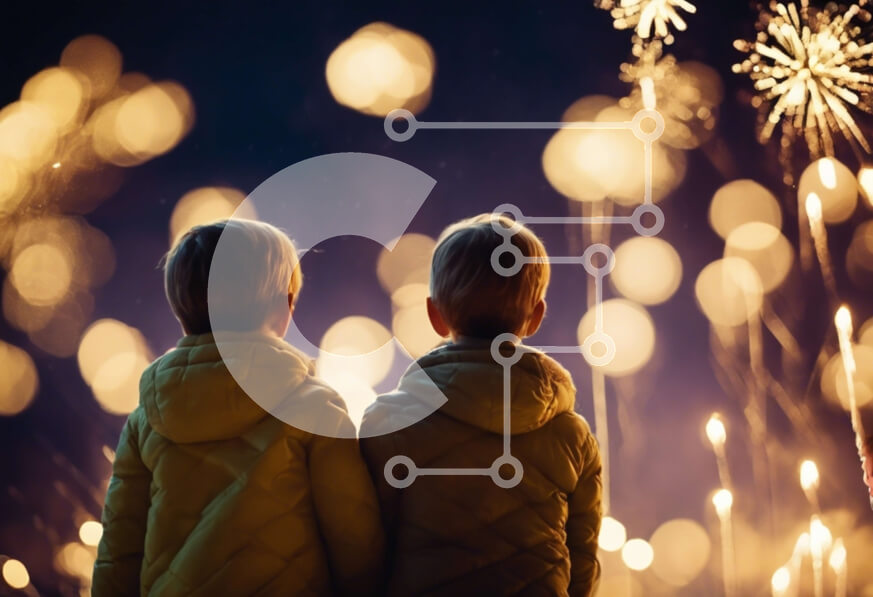 Intra Συλλεκτικό Ξύλινο Παζλ Plywood  4mm - Παιδιά που παρακολουθούν πυροτεχνήματα σε πολύχρωμο φόντο Σε Ξύλινο Κουτί - Διαστάσεις: 10x10 cm – 25 κομμάτια