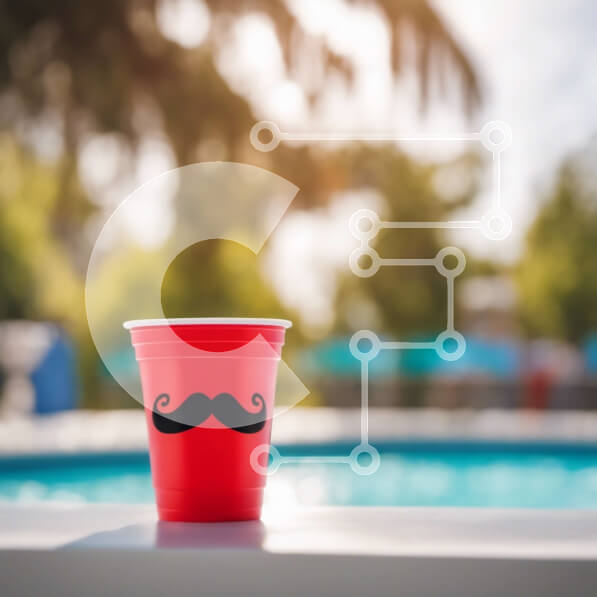 Intra Συλλεκτικό Ξύλινο Παζλ Plywood  4mm - Πλαστικό κύπελλο κόκκινο μουστάκι σε τραπέζι δίπλα στην πισίνα Σε Ξύλινο Κουτί - Διαστάσεις Puzzle: 10x10 cm – 25 κομμάτια