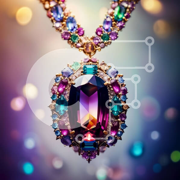 Σετ των 2 Intra Συλλεκτικό Ξύλινο Παζλ Plywood  4mm - Κοντινή εικόνα ενός πολύχρωμου περίτεχνου κολιέ με έναν μεγάλο πολύτιμο λίθο Σε Ξύλινο Κουτί - Διαστάσεις: 10x10 cm – 25 κομμάτια