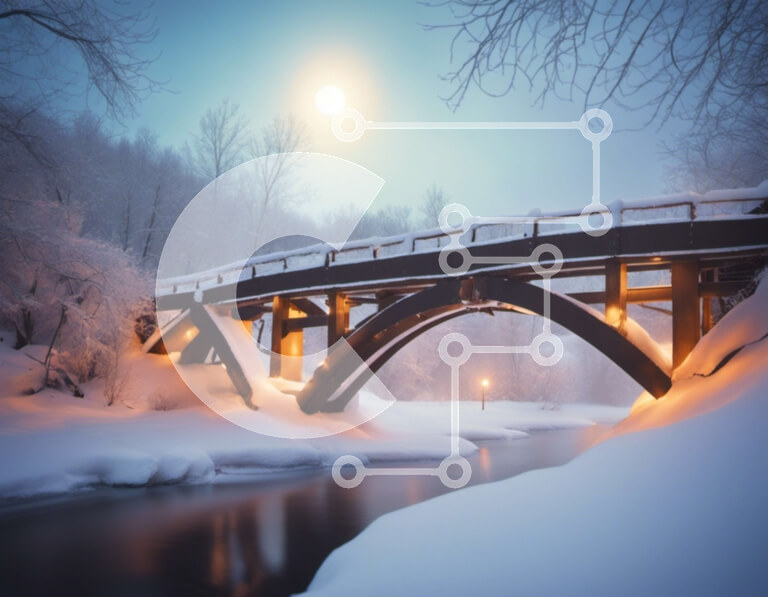 Intra Συλλεκτικό Ξύλινο Παζλ Plywood  4mm - Γέφυρα που φωτίζεται από την πανσέληνο πέρα ​​από το χιονισμένο ποτάμι Σε Ξύλινο Κουτί - Διαστάσεις: 10x10 cm – 25 κομμάτια