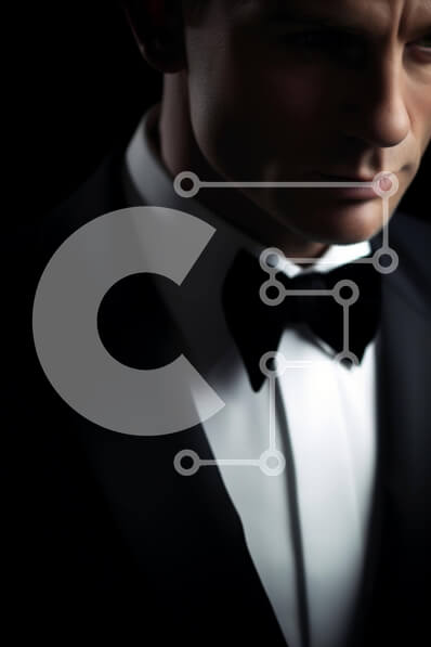 Intra Συλλεκτικό Ξύλινο Παζλ Plywood  4mm - Άνδρας με σμόκιν και παπιγιόν κοιτάζοντας το κενό Σε Ξύλινο Κουτί - Διαστάσεις Puzzle: 10x10 cm – 25 κομμάτια