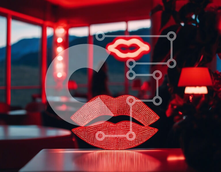 Intra Συλλεκτικό Ξύλινο Παζλ Plywood  4mm - Φωτιζόμενα κόκκινα χείλη γλυπτό σε ένα τραπέζι Σε Ξύλινο Κουτί - Διαστάσεις Puzzle: 10x10 cm – 25 κομμάτια