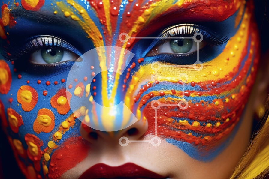 Intra Συλλεκτικό Ξύλινο Παζλ Plywood  4mm - Εκπληκτική ομορφιά: Γυναίκα με πολύχρωμες μπογιές προσώπου και κοσμήματα Σε Ξύλινο Κουτί - Διαστάσεις Puzzle: 10x10 cm – 25 κομμάτια