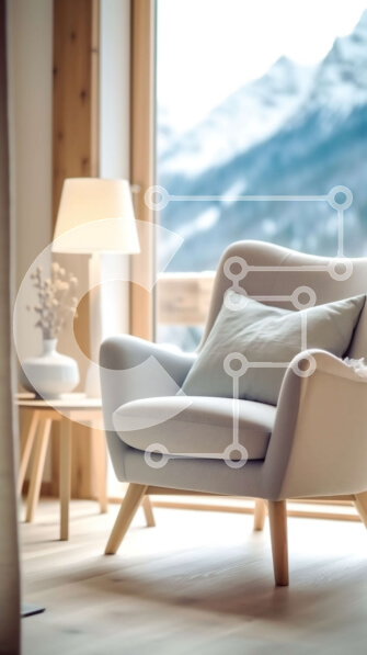 Intra Συλλεκτικό Ξύλινο Παζλ Plywood  4mm - Κομψό σαλόνι με λευκή δερμάτινη καρέκλα και ξύλινο τραπεζάκι σαλονιού Σε Ξύλινο Κουτί - Διαστάσεις Puzzle: 10x10 cm – 25 κομμάτια