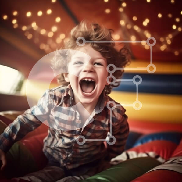 Intra Συλλεκτικό Ξύλινο Παζλ Plywood  4mm - Happy Boy που παίζει στο φουσκωτό Bouncy Castle Σε Ξύλινο Κουτί - Διαστάσεις Puzzle: 10x10 cm – 25 κομμάτια