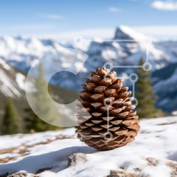 Intra Συλλεκτικό Ξύλινο Παζλ Plywood  4mm - Κουκουνάρι σε χιονισμένο έδαφος με βουνά στο φόντο Σε Ξύλινο Κουτί - Διαστάσεις: 10x10 cm – 25 κομμάτια