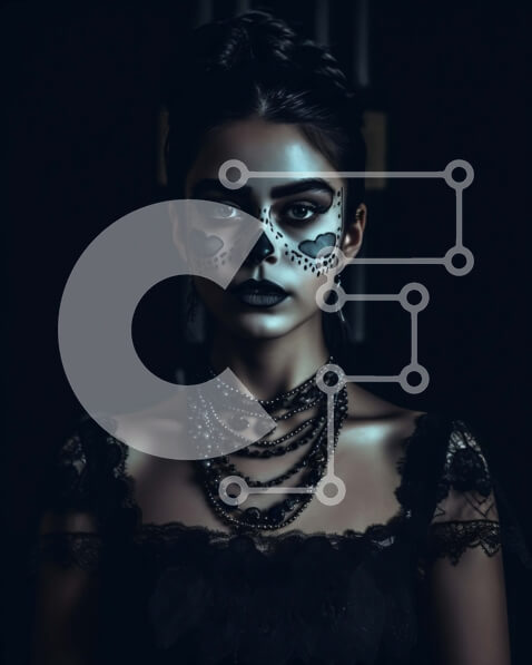 Intra Συλλεκτικό Ξύλινο Παζλ Plywood  4mm - Μαύρο φόρεμα και μακιγιάζ κρανίου αποτελούν μια τολμηρή δήλωση μόδας Σε Ξύλινο Κουτί - Διαστάσεις Puzzle: 10x10 cm – 25 κομμάτια