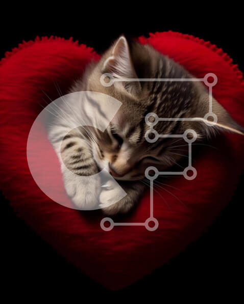 Σετ των 2 Intra Συλλεκτικό Ξύλινο Παζλ Plywood  4mm - Μικρή γάτα που κοιμάται σε κόκκινο μαξιλάρι σε σχήμα καρδιάς Σε Ξύλινο Κουτί - Διαστάσεις: 10x10 cm – 25 κομμάτια