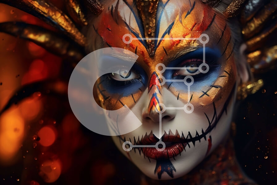 Intra Συλλεκτικό Ξύλινο Παζλ Plywood  4mm - Κομψή γυναίκα με πολύχρωμα φτερά και ζωγραφική προσώπου κρανίου Σε Ξύλινο Κουτί - Διαστάσεις Puzzle: 10x10 cm – 25 κομμάτια