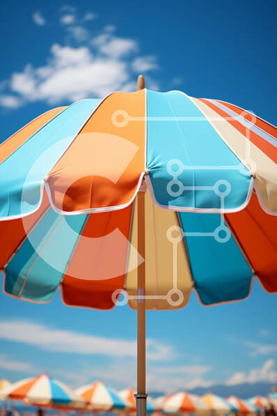 Intra Συλλεκτικό Ξύλινο Παζλ Plywood  4mm - Ζωντανή ομπρέλα σε μια ηλιόλουστη παραλία με μπλε ουρανό και λευκά σύννεφα Σε Ξύλινο Κουτί - Διαστάσεις Puzzle: 10x10 cm – 25 κομμάτια